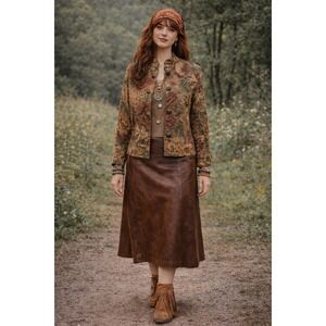 Boho Painted Pony 90s Tapestry Floral WoodButtons Brown Orange M Jacket Vintage